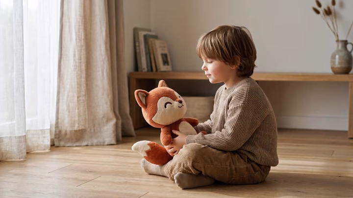 Un enfant avec Poumi, la peluche renard